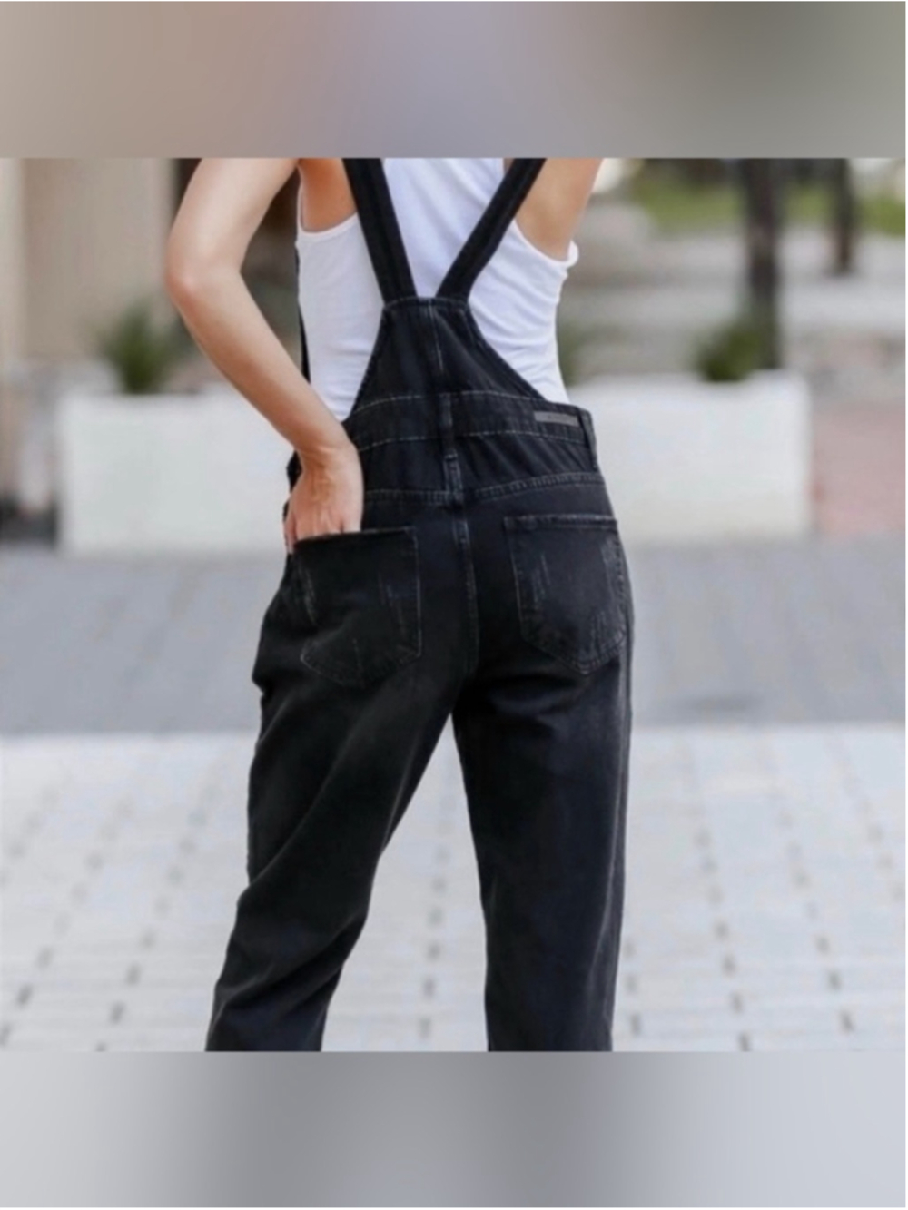 Risen Jean Los Angeles Washed Black Distressed Ankle Crop Overalls Womens Medium - Picture 2 of 15